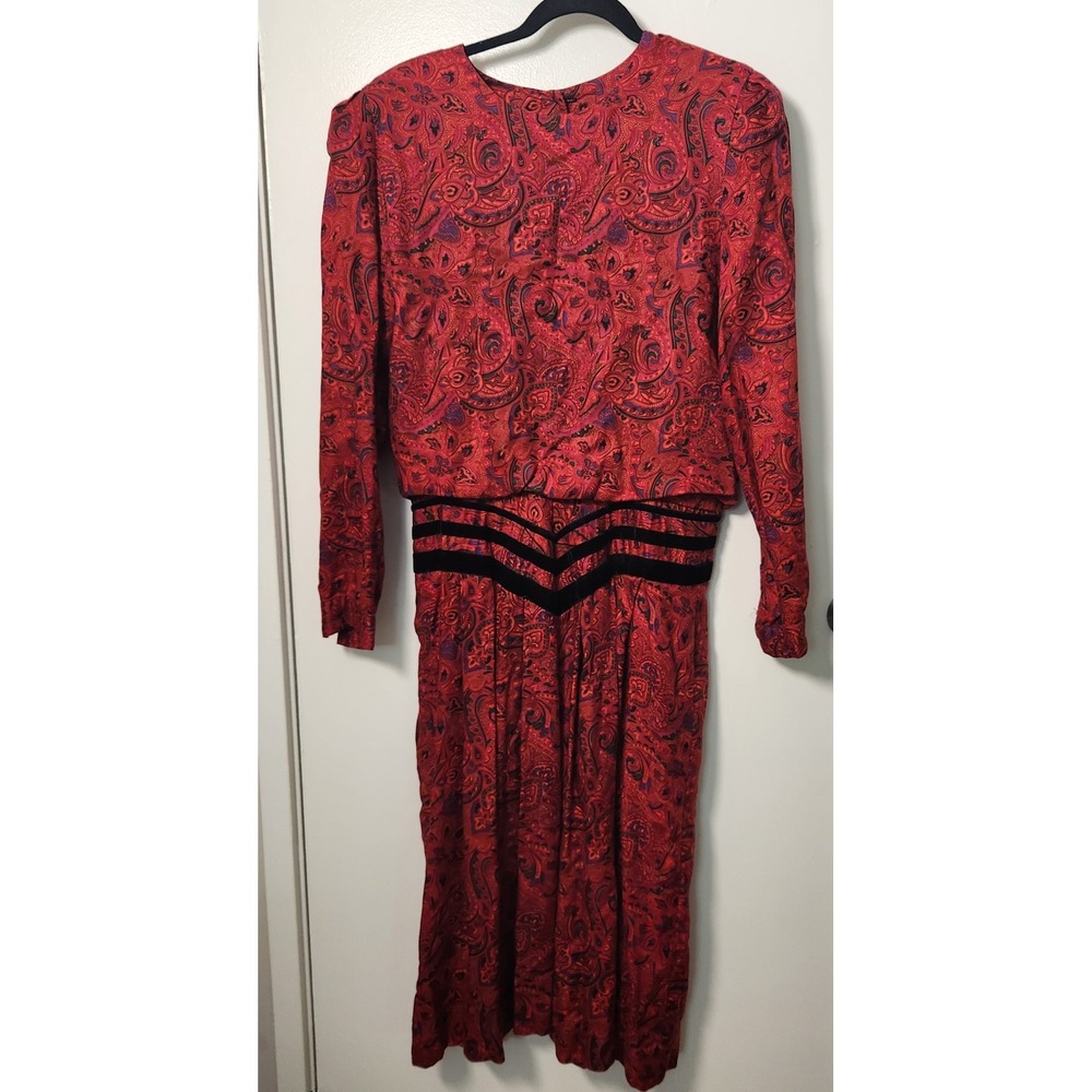 Vtg Joan Sparks for Daniel Barrett Red Midi Dress Velvet Yoke M/L Union Made USA